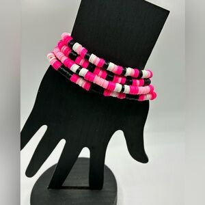 Handmade Pink and Black Beaded Bracelet Set